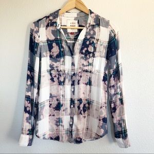 Bleached Distressed Tie Dye Blue Pink Flannel Top